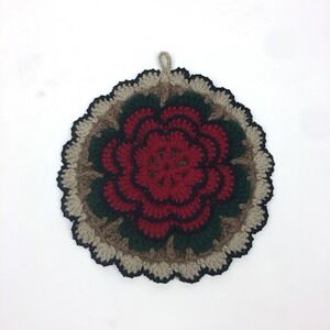 Handmade Vtg Crochet Hanging Decorative Pot Holder Trivet Flower Red Green Brown